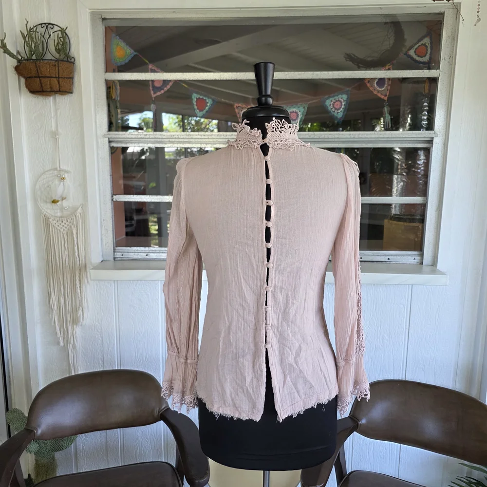 Free People FP One Victoria Top Blush Crochet-Trim Long Sleeve Top